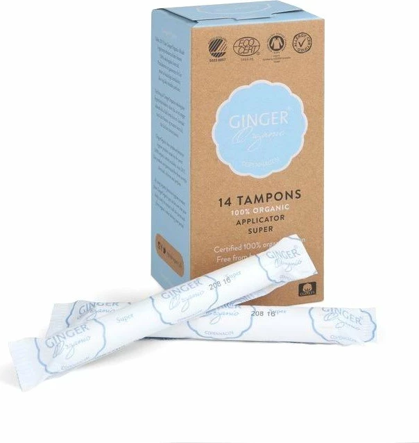 Tampona organik me aplikator për femra Ginger Organic Super, 14 copë