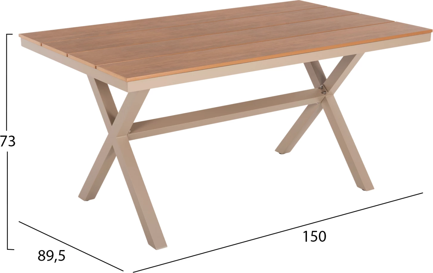 Tavolinë drejtkëndore alumini TAWNEE FH6037.04 ngjyrë shampanjë-polivud ngjyrë druri natyral 150x89,5x73H