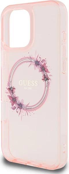 Mbështjellës Guess IML Flowers Wreath MagSafe për iPhone 16 Pro Max, Rozë