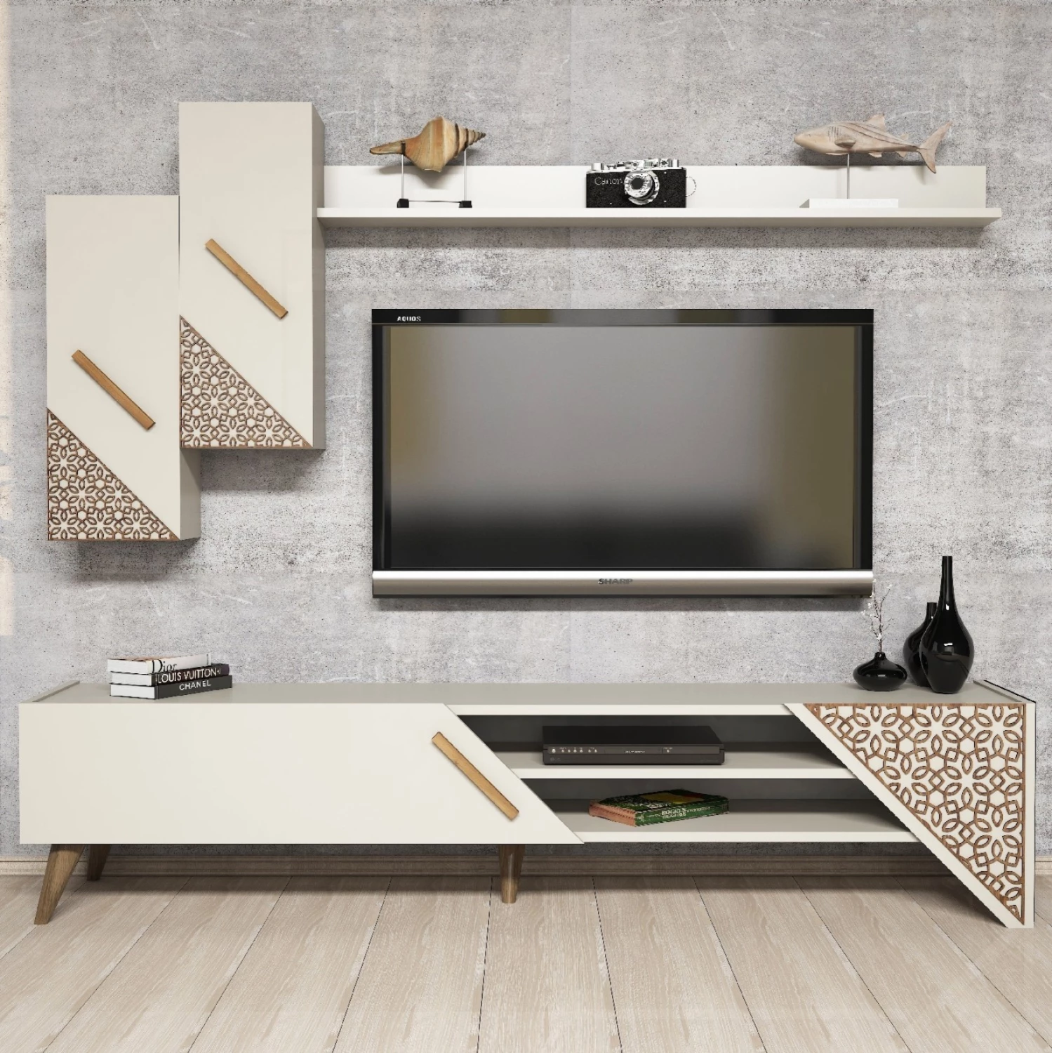 Mobilje TV kombo FH9514.03 melamin ngjyrë krem 180x37x40Hcm