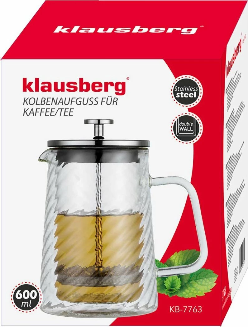 French press Klausberg KB-7763 600ml me mur të dyfishtë xham borosilikat filtër inox, kapak rose gold