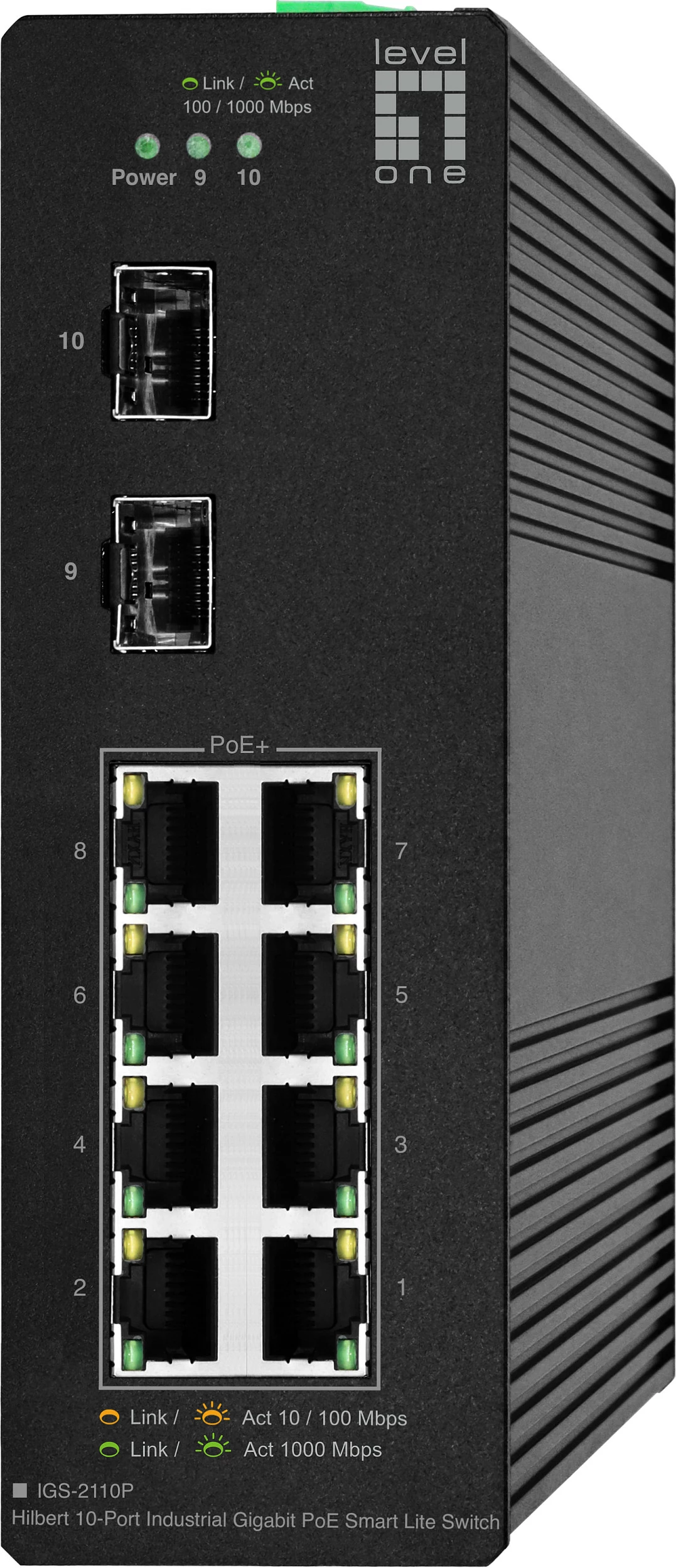 Switch industrial LevelOne Hilbert 10-Port, Gigabit PoE, 2 x SFP, 8 dalje PoE, i menaxhuar, Ethernet Gigabit, i zi