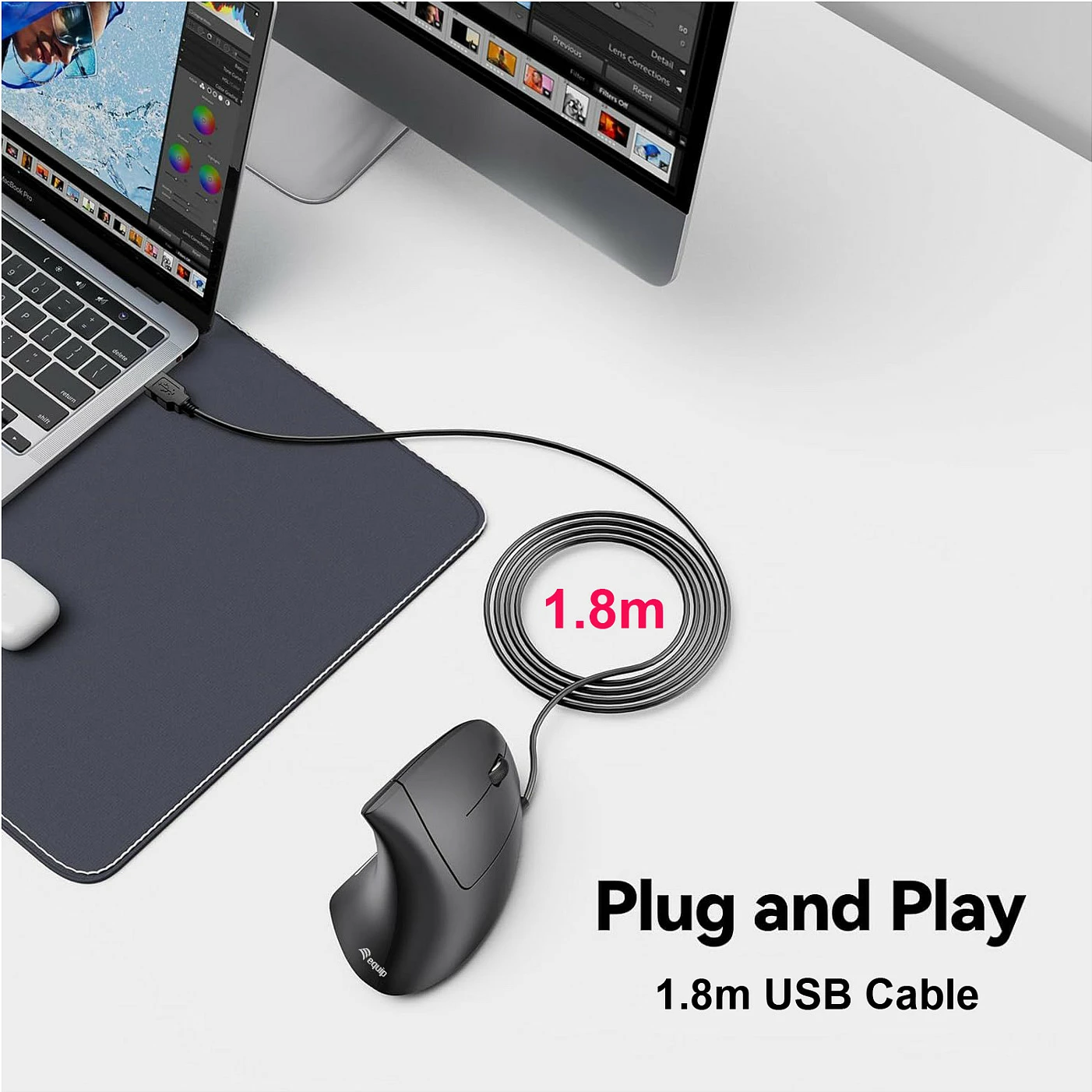 Maus vertikal me kabllo EQUIP 245118, USB-A, optik, 3200 DPI, djathtas, i zi me dritë blu