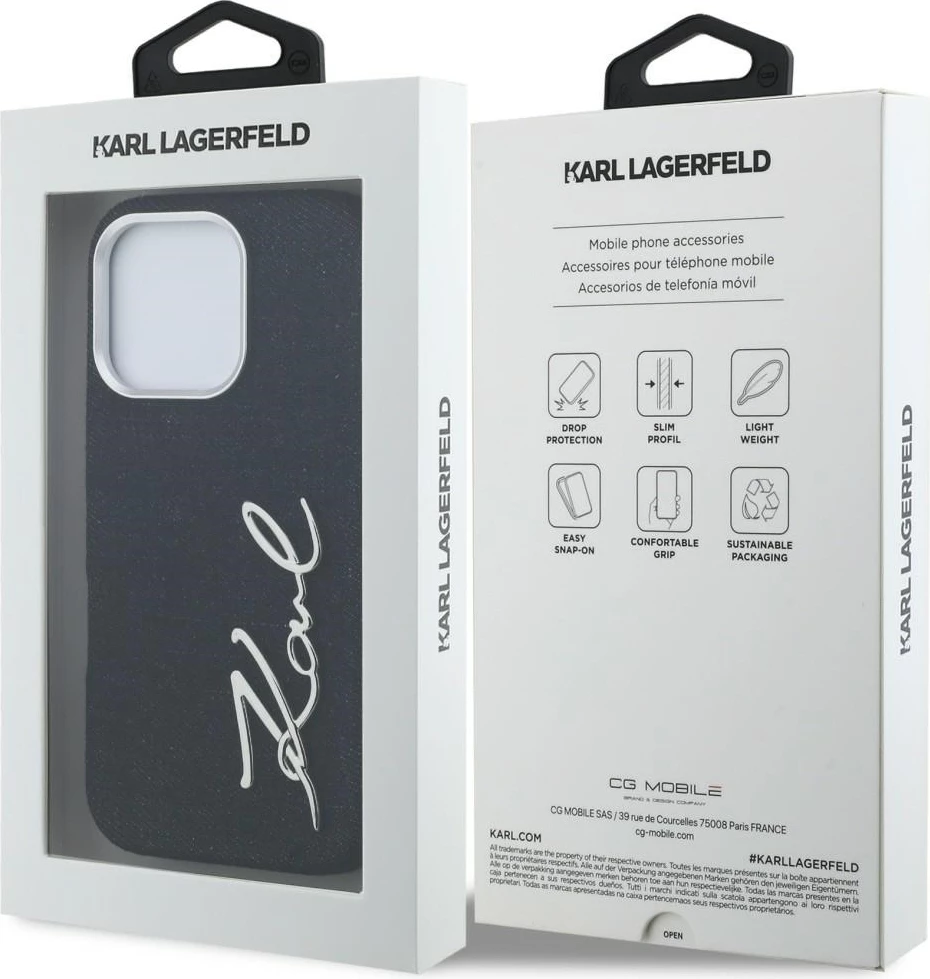 Mbështjellës Karl Lagerfeld Signature Jeans për iPhone 16 Pro, MagSafe, denim/eko-lëkurë, i zi, në kuti