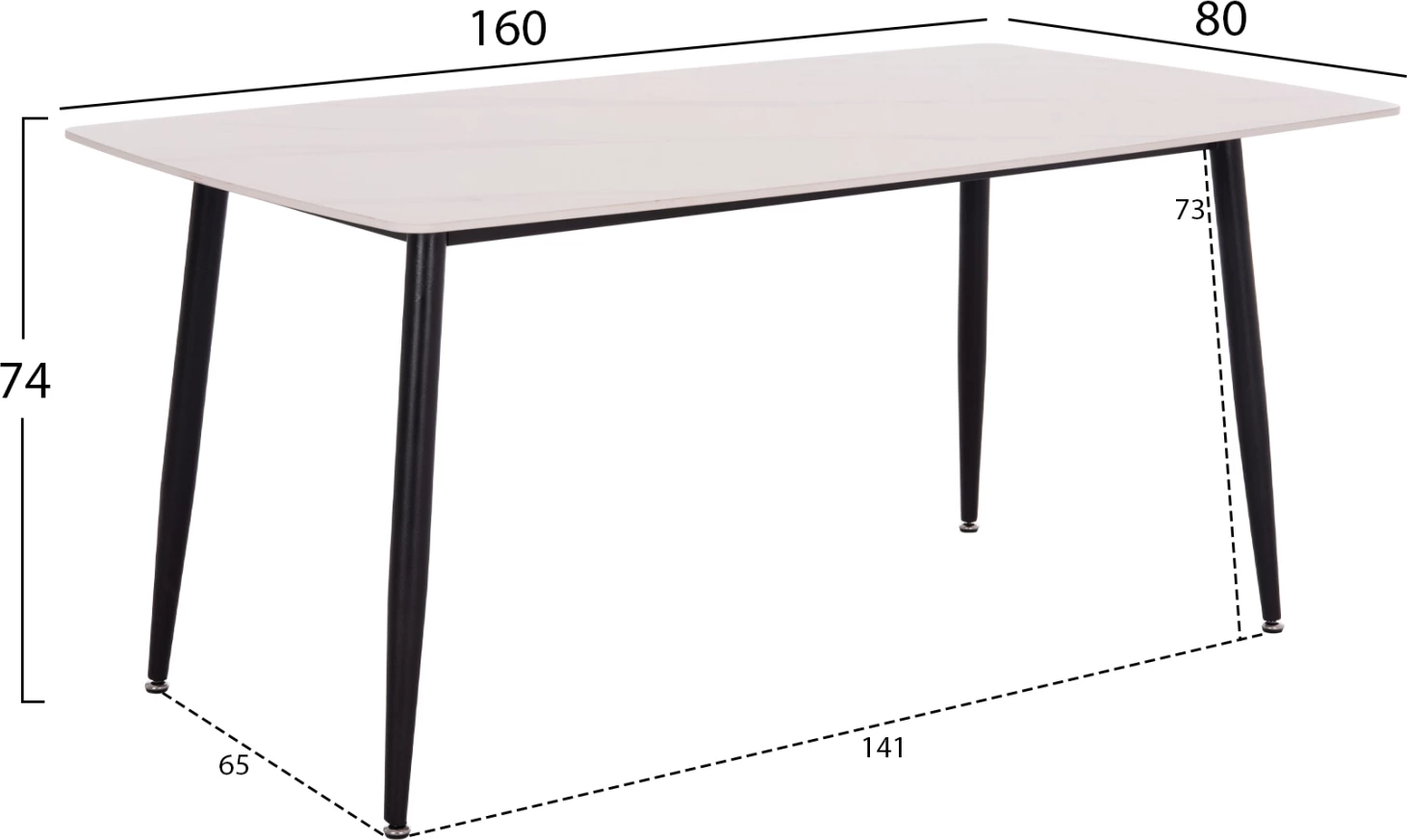 Tavolinë ngrënieje RAVEN, sipërfaqe qeramike, pamje mermeri të bardhë, 160x80x74cm