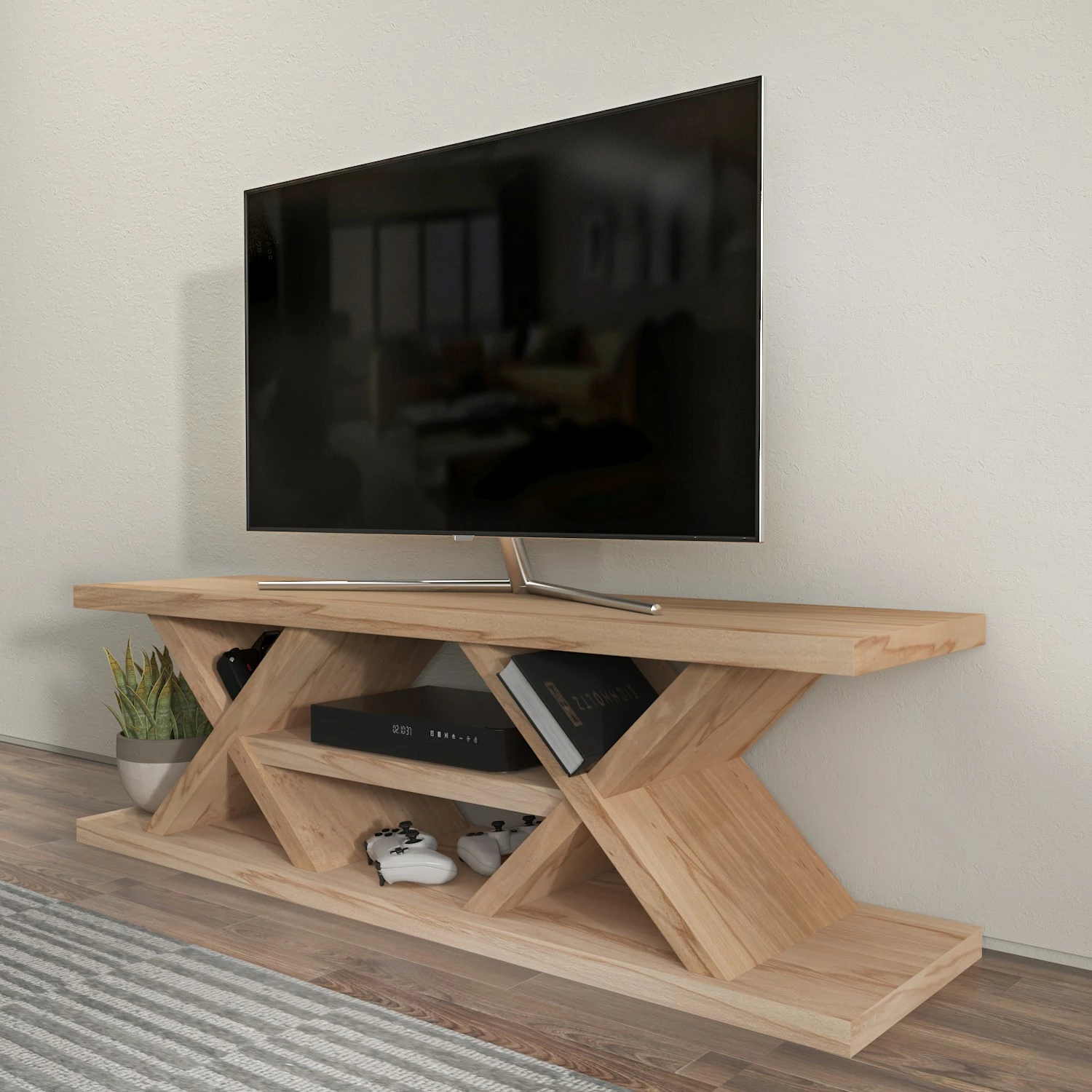 Komodë TV Skye Decor, masiv, ngjyrë lisi
