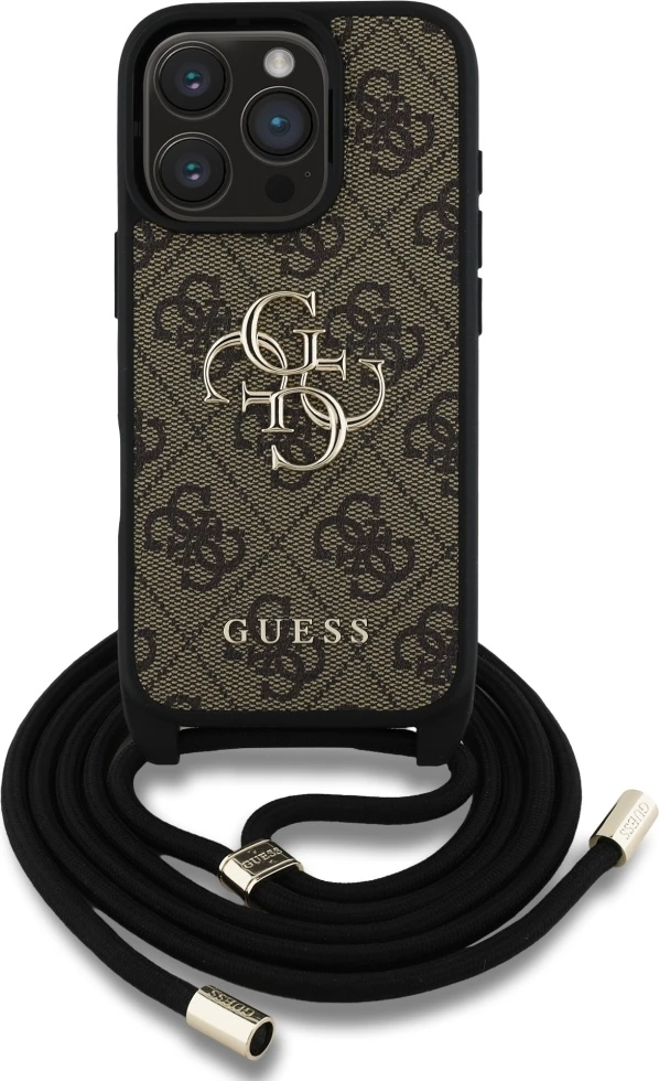 Mbështjellës Guess 4G Big Logo Cord Stap Crossbody për iPhone 16 Pro Max, Kafe