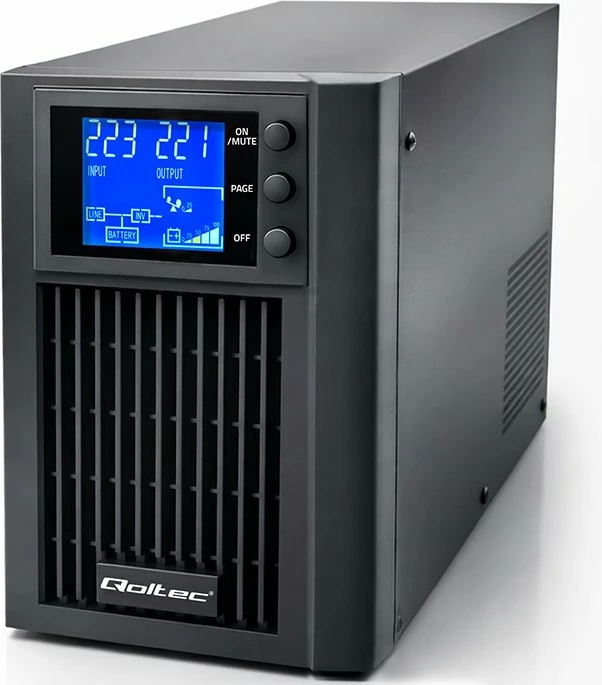 UPS Qoltec 52640 1kVA 800W pure sine wave, line-interactive, AVR, LCD, 2x Schuko, USB & RS-232, 2x 7Ah, e zezë