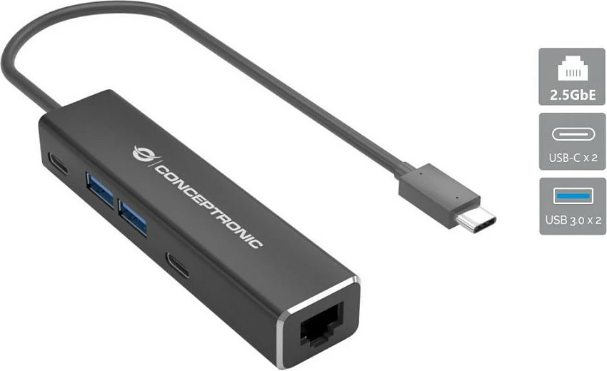 Adapter Ethernet USB-C Conceptronic ABBY14B, 2.5GbE, USB hub 2x USB-A 2x USB-C, gri