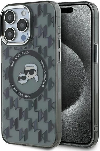 Mbështjellës Karl Lagerfeld IML Monogram Karl & Choupette Head MagSafe për iPhone 15 Pro Max, Zi