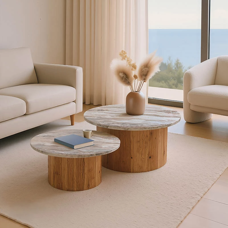 Set tavolinash kafeje Sergy, 2 copë, dru akacie natyrale, sipërfaqe mermeri