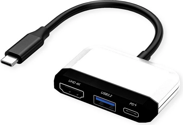 Adapter display VALUE USB-C në HDMI, USB 3.2 Gen 1 Type-A, USB-C PD, 4K 60Hz, bardhë/zi
