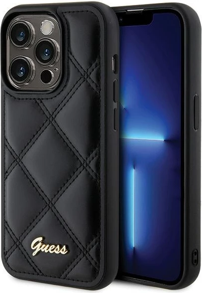 Mbështjellës Guess Quilted Metal Logo për iPhone 15 Pro, i zi