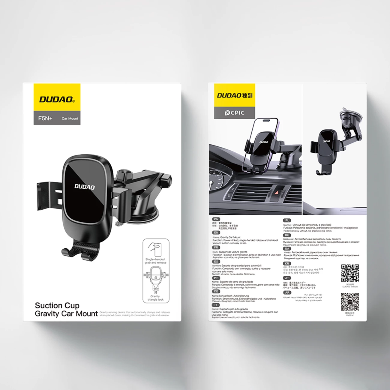 Mbajtëse gravitacionale për makinë, Dudao F5N+, kapëse me gotë thithëse për xham ose pult, rrotullim 360°, e zezë