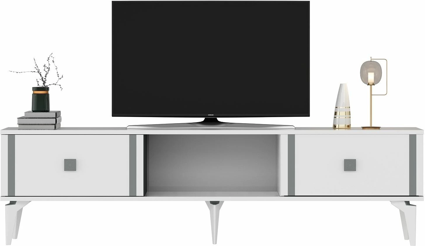 Komodë TV Skye Decor, e bardhë, argjend