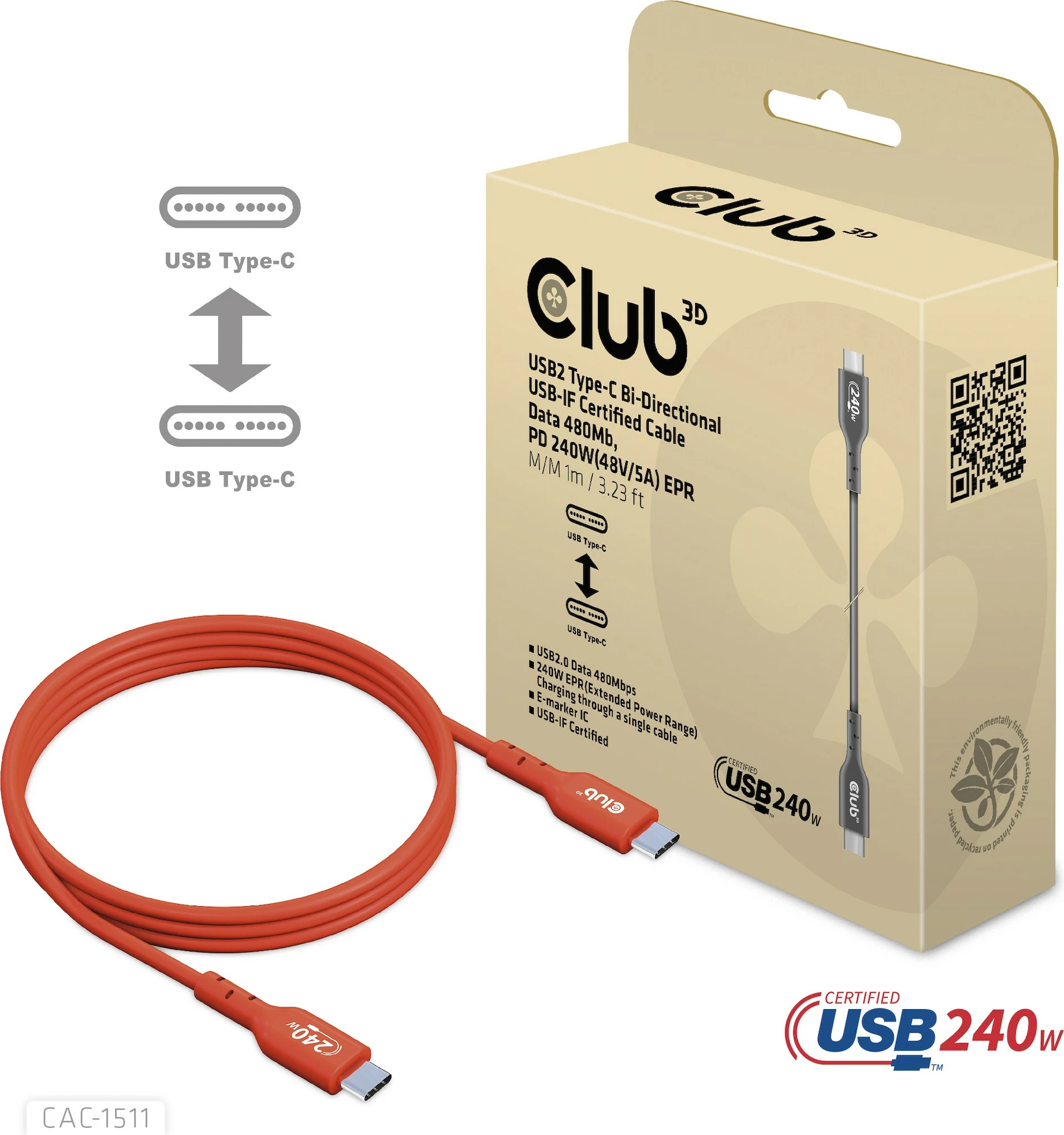 Kabllo USB Type-C Club3D 1m, PD 240W, 480Mb/s, e kuqe