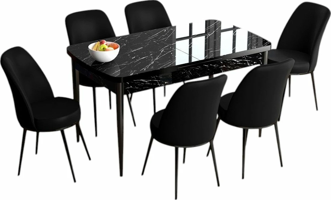 Tavolinë me karrige (7 copë), e zgjatshme, Skye Decor, Han, mermer i zi, e zezë