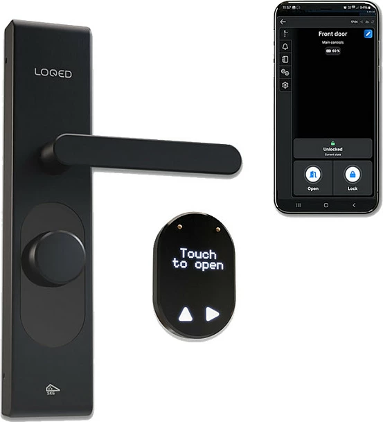 Bravë e mençur dere Shelly LOQED Touch Smart Lock, Wi‑Fi, Bluetooth 4.2, lexues shenje gishti, mbyllje automatike, e zezë