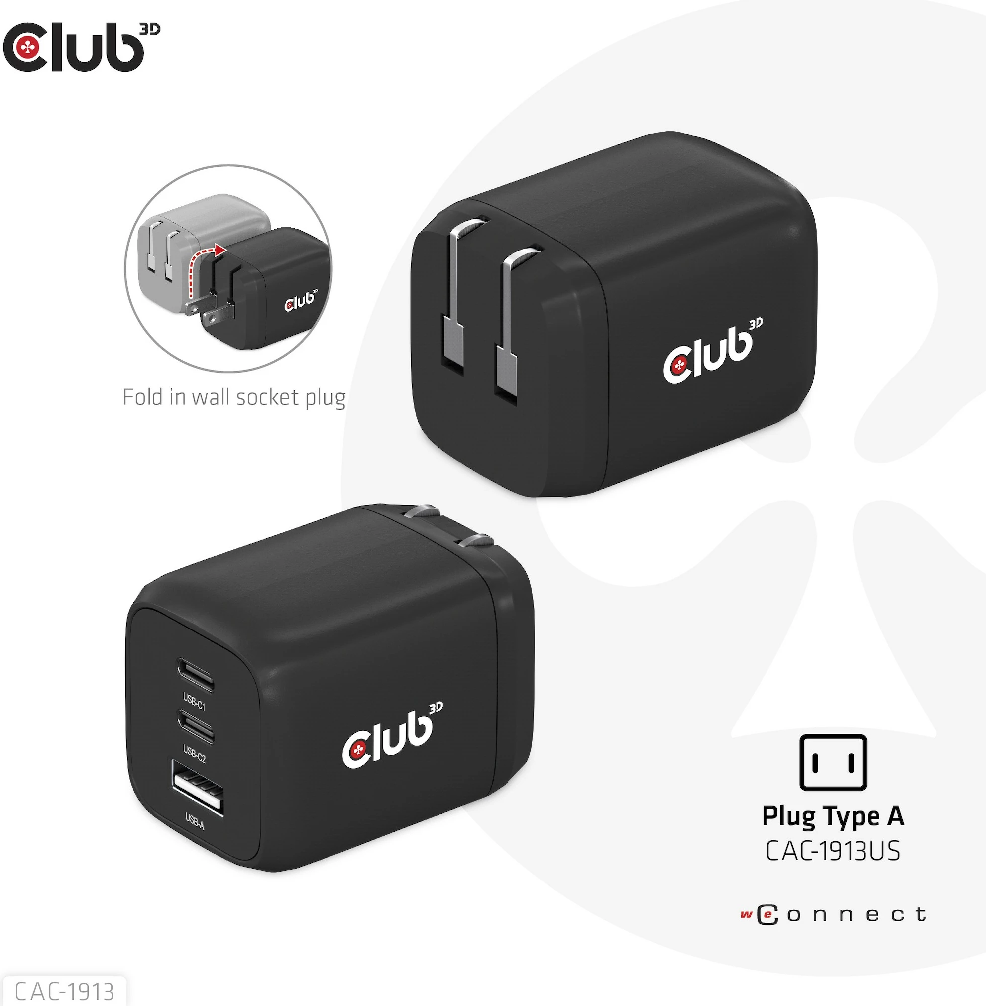 Karikues Club3D CAC-1913EU, 2xUSB Type-C, 1xUSB Type-A, PD 65W, GaN, i zi