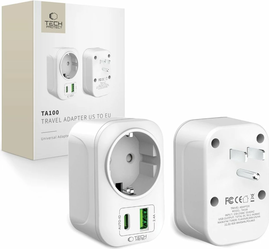 Adapter udhëtimi Tech-Protect TA100, EU në US, USB-A + USB-C, 2500W, 100-250V, i bardhë, 1 copë
