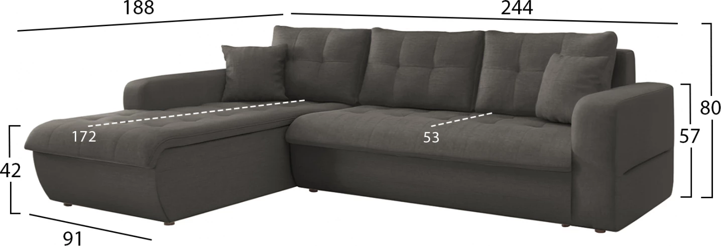 Kënd-sofë krevati majtas KANSO, material gri, FH3338.01L, 244x188x80cm