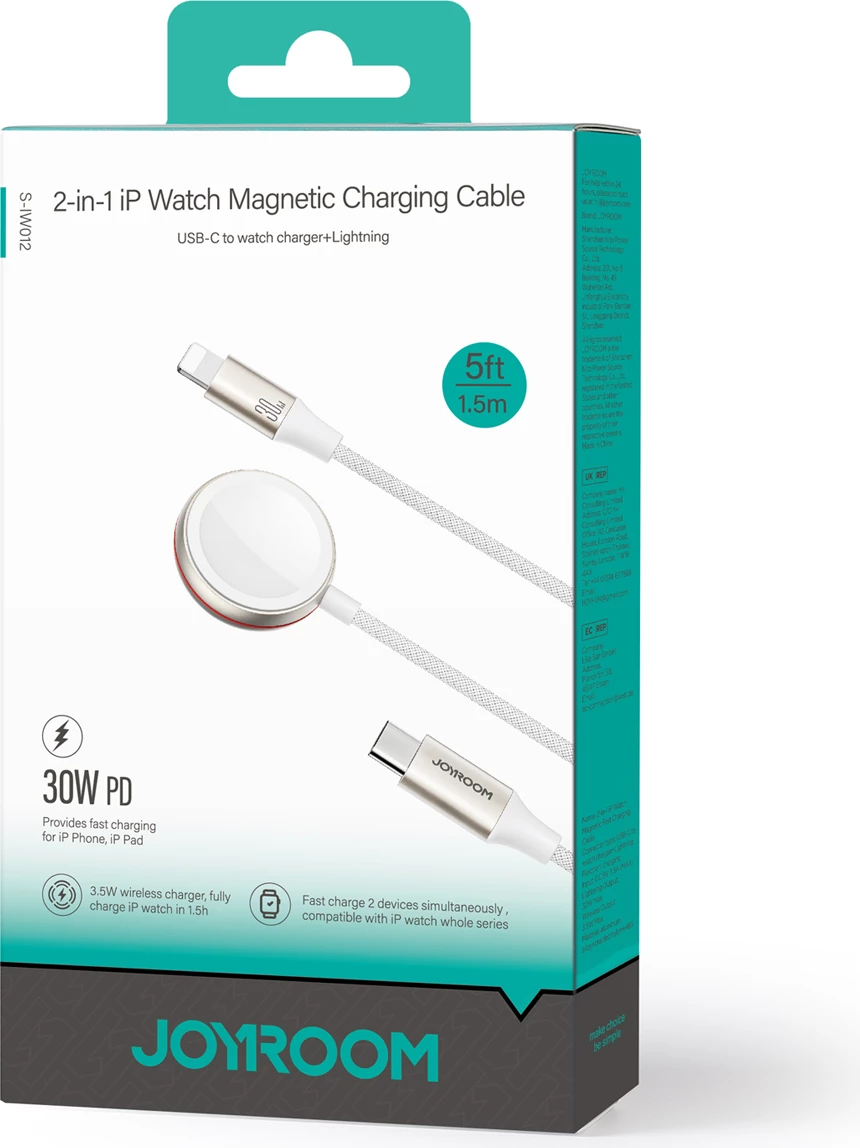 Kabllo dhe karikues induktiv 2-në-1 Joyroom S-IW012, Lightning + për Apple Watch, 1.5m, Bardhë