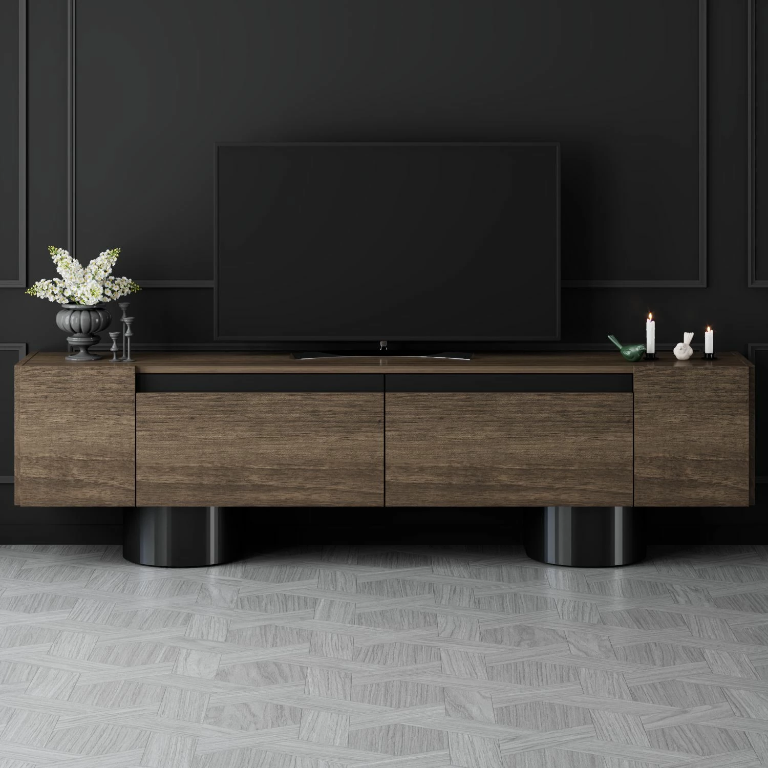 Komodë TV Skye Decor, bohem, ngjyrë arre dhe e zezë