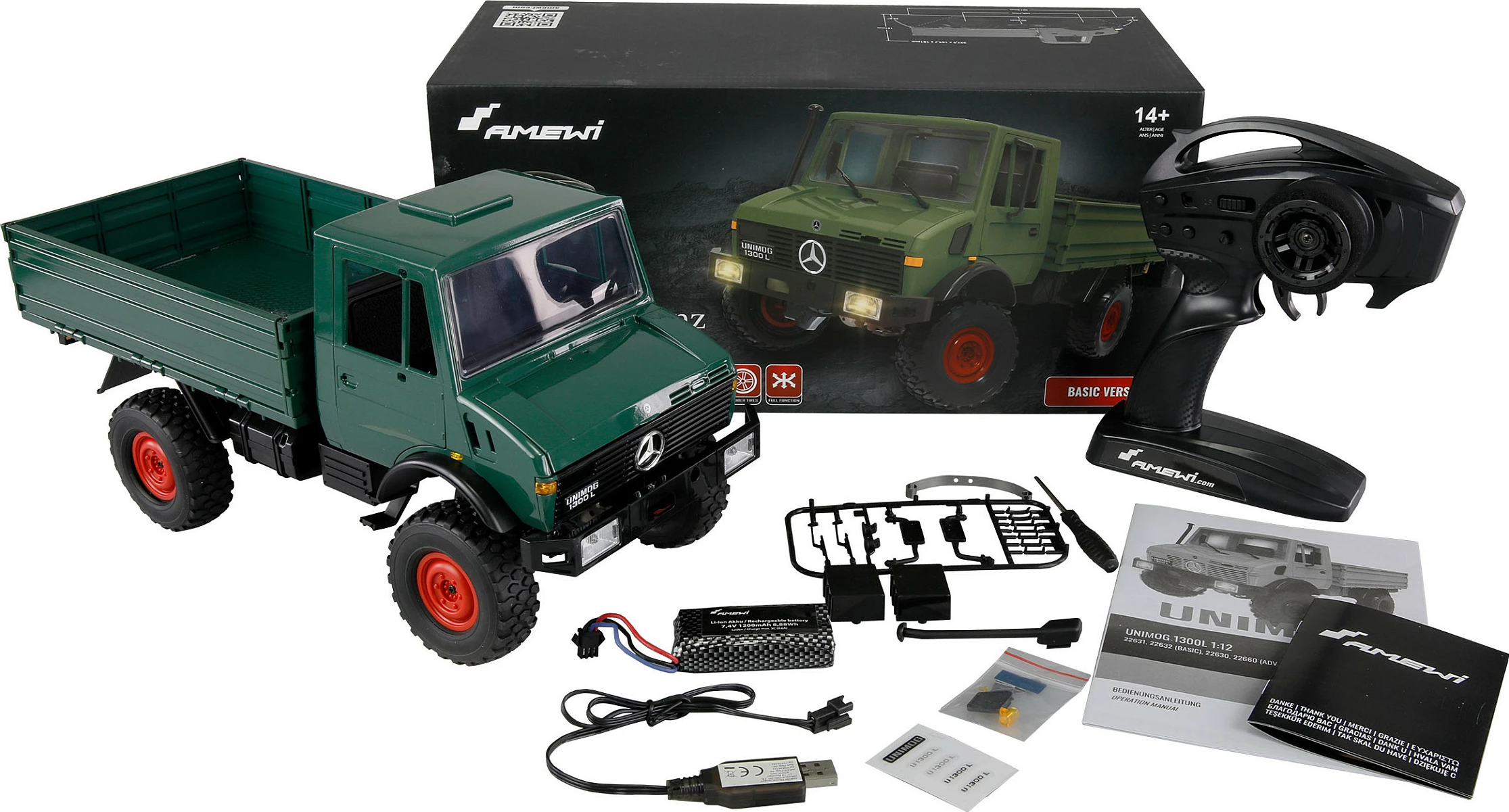 Kamion RC AMEWI Unimog 1:12, 4WD, 2.4GHz, bateri Li-Ion 1200mAh, i gjelbër