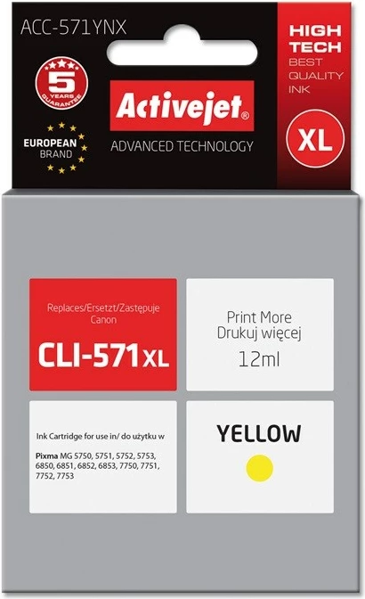 Ngjyrë zëvendësuese Activejet ACC-571YNX për printer Canon, 12ml, e verdhë