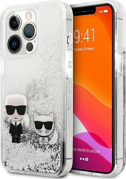Mbështjellës Karl Lagerfeld Liquid Glitter Karl & Choupette për iPhone 13 Pro/13 6.1", argjendtë