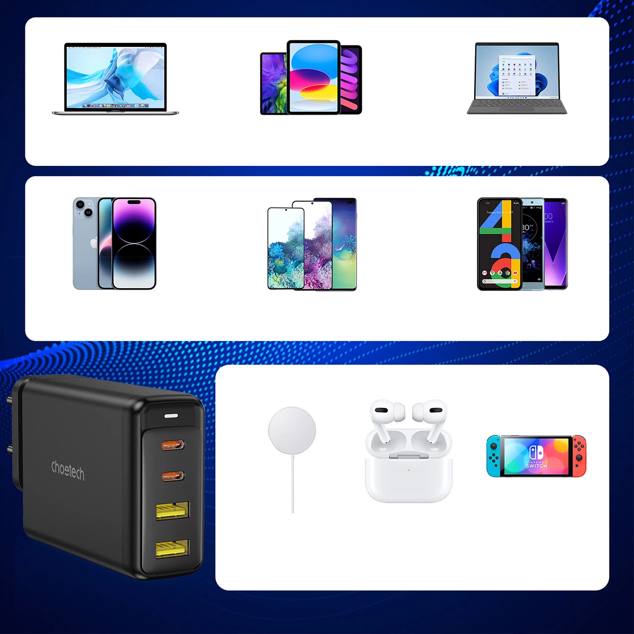 Karikues muri Choetech PD6005, 140W, 4 porta (2x USB-C, 2x USB), i zi