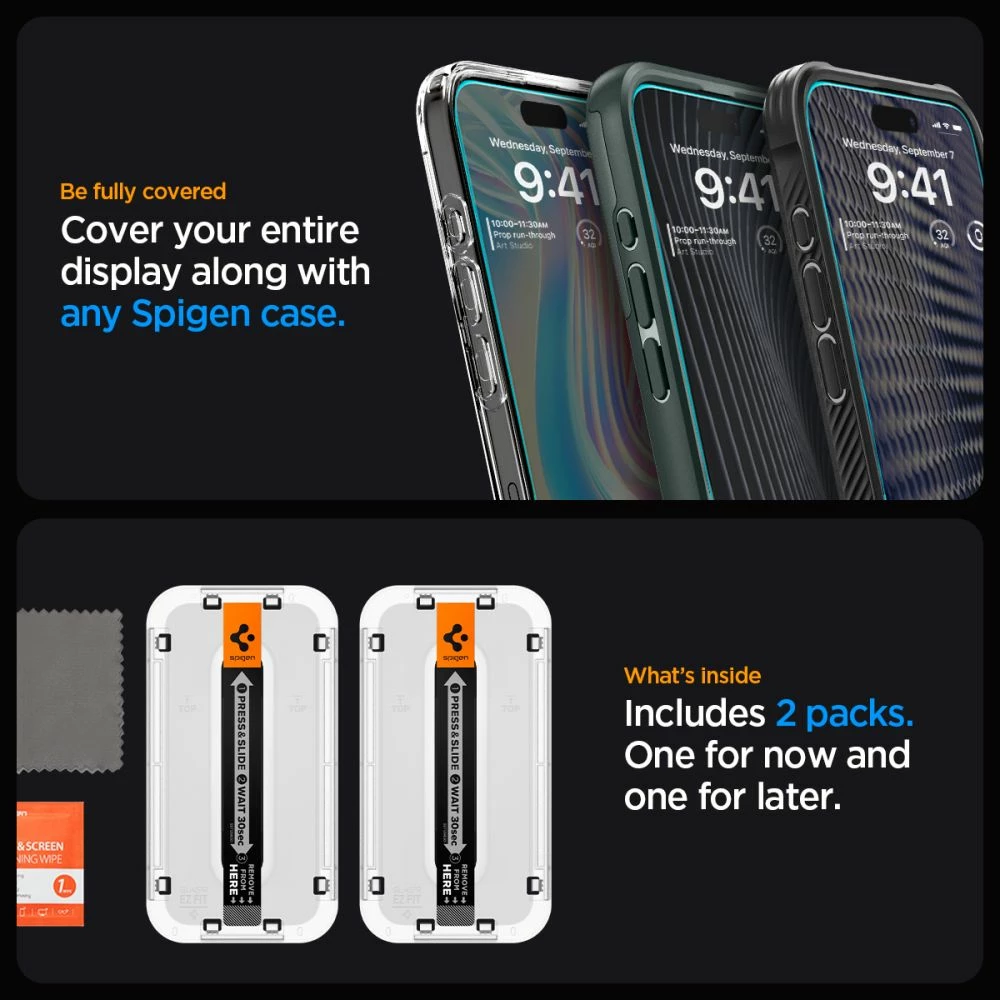 Mbrojtës xhami Spigen Glas.tR EZ Fit për iPhone 15 Pro, 2 copë, transparent
