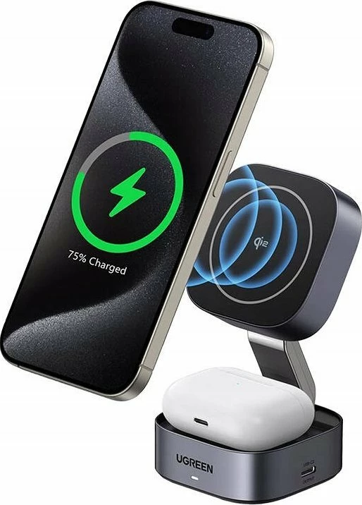 Karikues induktiv Ugreen W702/X227 (UGR1873) 15W, 1x USB-A + 2x USB-C, kabllo USB-C 1m, gri