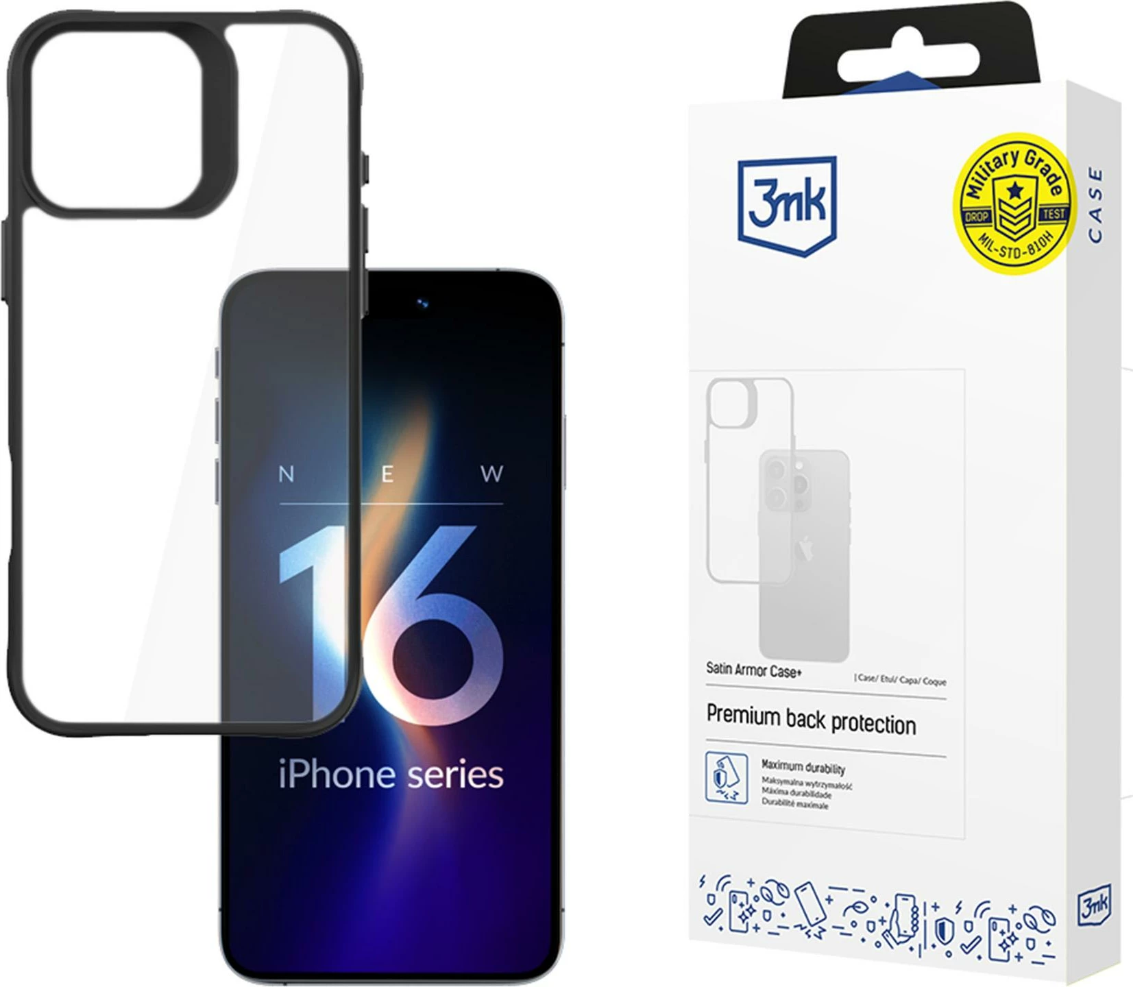 Mbështjellës 3mk Satin Armor Case+ për iPhone 16 Pro Max, Transparent me kornizë të zezë