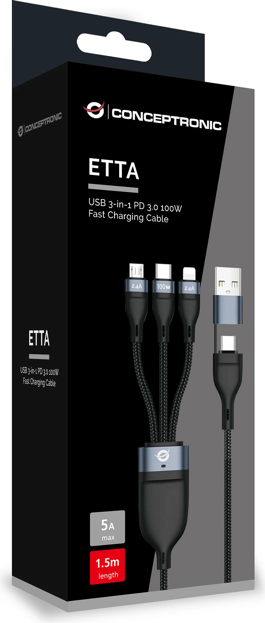 Kabllo karikimi Conceptronic ETTA06B15, USB-C 3-në-1 PD 100W 1.5m, e zezë
