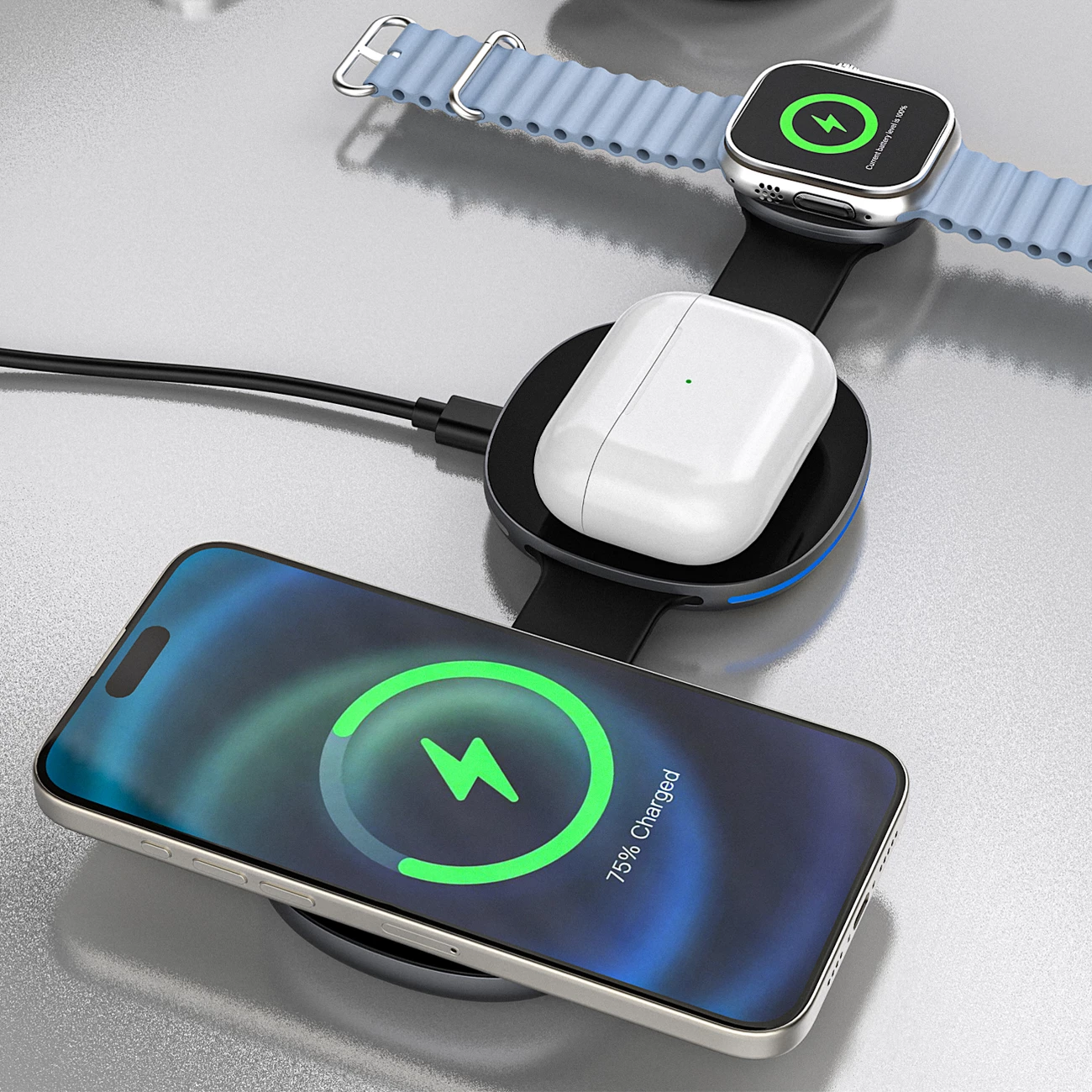 Karikues wireless 3-në-1 Dudao A11S 15W Qi/MagSafe me kabllo USB-C, i zi