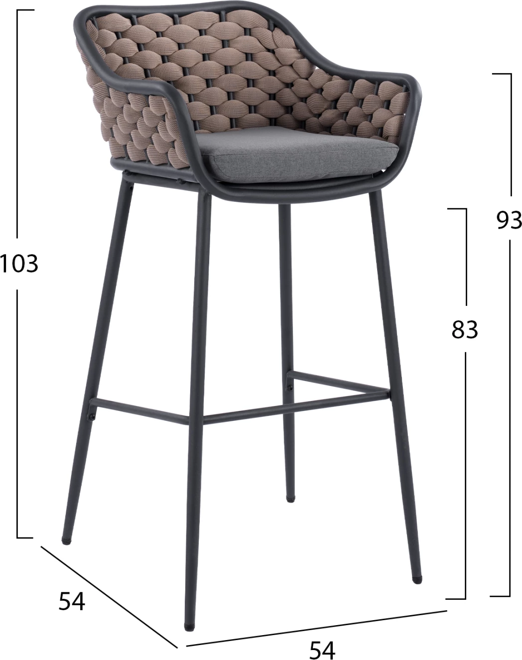 Karrige për bar me kornizë metalike dhe litar thurje bezhë FH5715 54x54x103cm