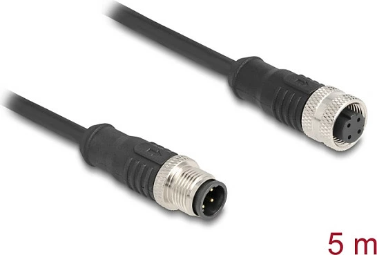 Kabllo industriale Ethernet DeLOCK M12 D-coded 4-pin mashkull në femër, Cat5e S/FTP, 5 m, e zezë
