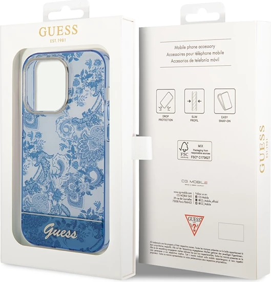 Mbështjellës Guess Porcelain Collection për iPhone 14 Pro 6.1", Kaltër