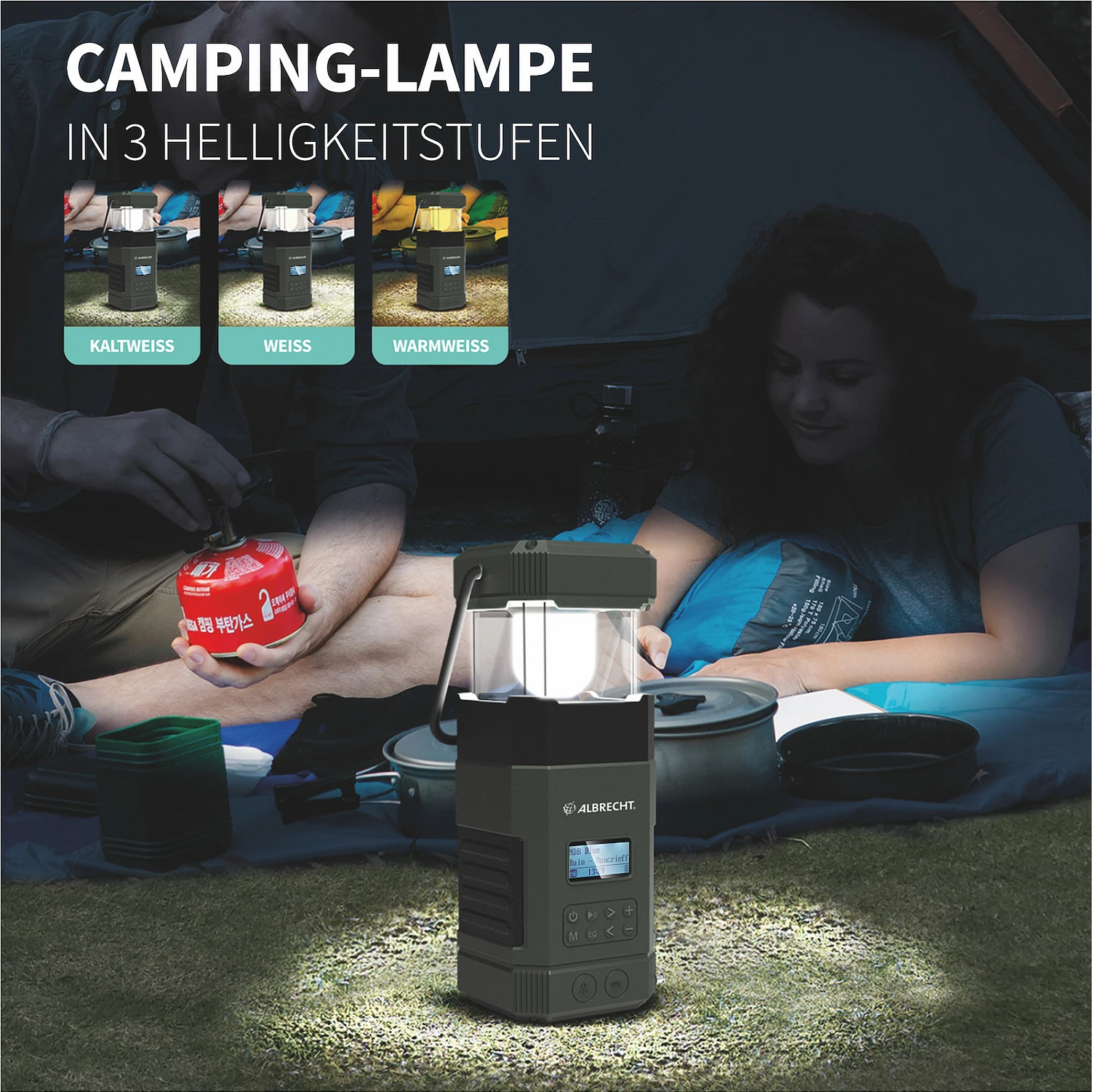 Radio kampingu Albrecht DR 114, DAB+/FM, llambë kampingu, bateri 5000mAh, USB-C, e zezë