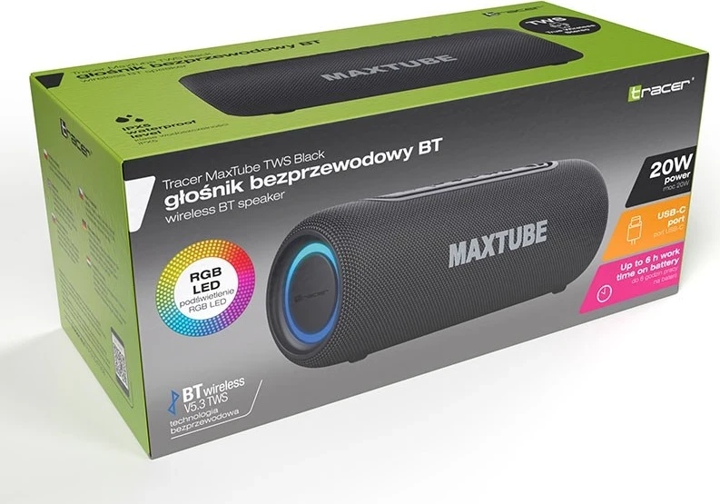 Altoparlant portativ Tracer MaxTube 20W TWS bluetooth, ngjyrë e zezë