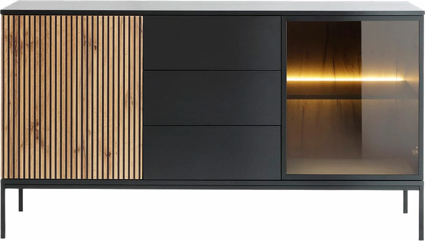 Komodë anësore MYSTERY, 2 dyer, 3 sirtarë, ngjyrë natyrale e errët/zezë, 154x39x83cm