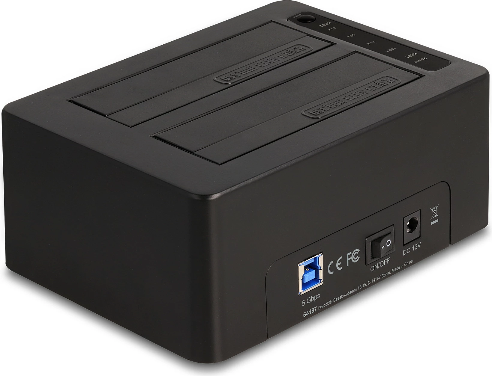 Stacion dokimi USB DeLOCK për 2x SATA HDD/SSD 2.5"/3.5", Clone/Erase, 5 Gbit/s, i zi