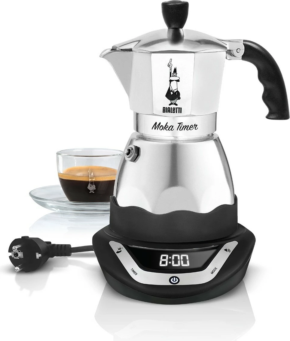Moka elektrike Bialetti Moka Timer, 3 filxhanë, alumini, LED, e zezë/argjendtë