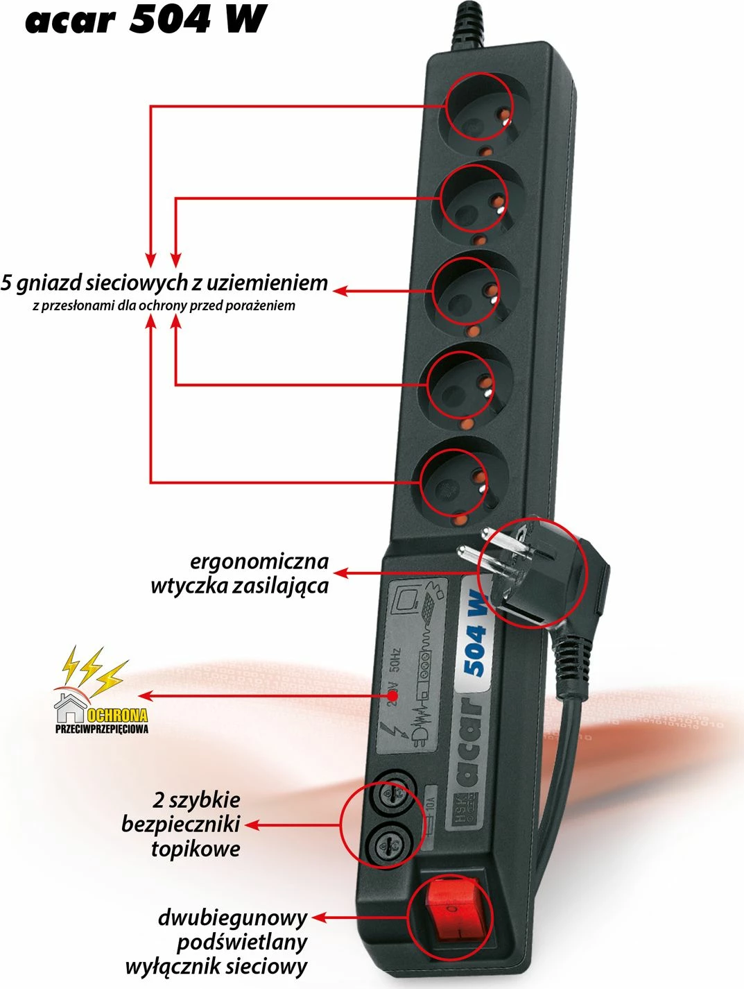Zgjatues rryme Acar 504W, 5 priza, 1.8 m, me mbrojtje nga mbingarkesa/i mbingarkimit, i zi
