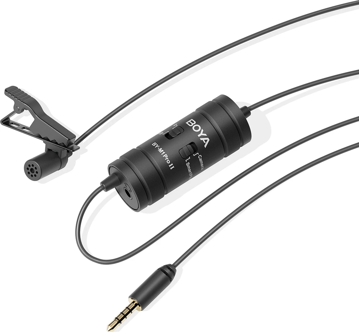 Mikrofon lavalier i lidhur BOYA BY-M1 Pro II, 3.5mm TRRS, kabllo 6 m, me monitorim, i zi, set me klip dhe mbrojtës ere