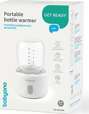 Ngrohës shisheje portativ BabyOno 1645, pa kabllo, bateri 9000 mAh, kontroll digjital temperature, USB-C, set me shishe 180 ml + 5 adaptera, i bardhë
