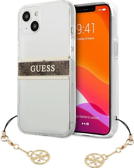 Mbështjellës Guess GUHCP13SKB4GBR për iPhone 13 mini 5.4", transparent, me varëse, kafe