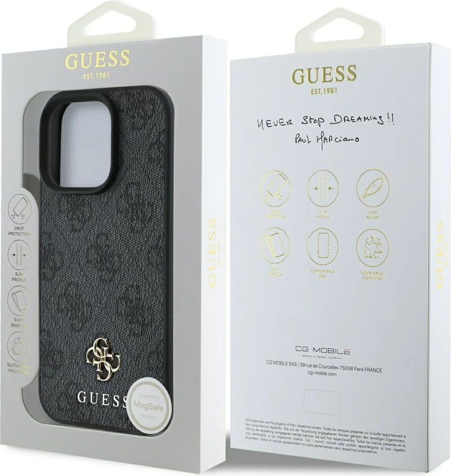 Mbështjellës Guess 4G Small Classic MagSafe për iPhone 16 Pro Max, i zi