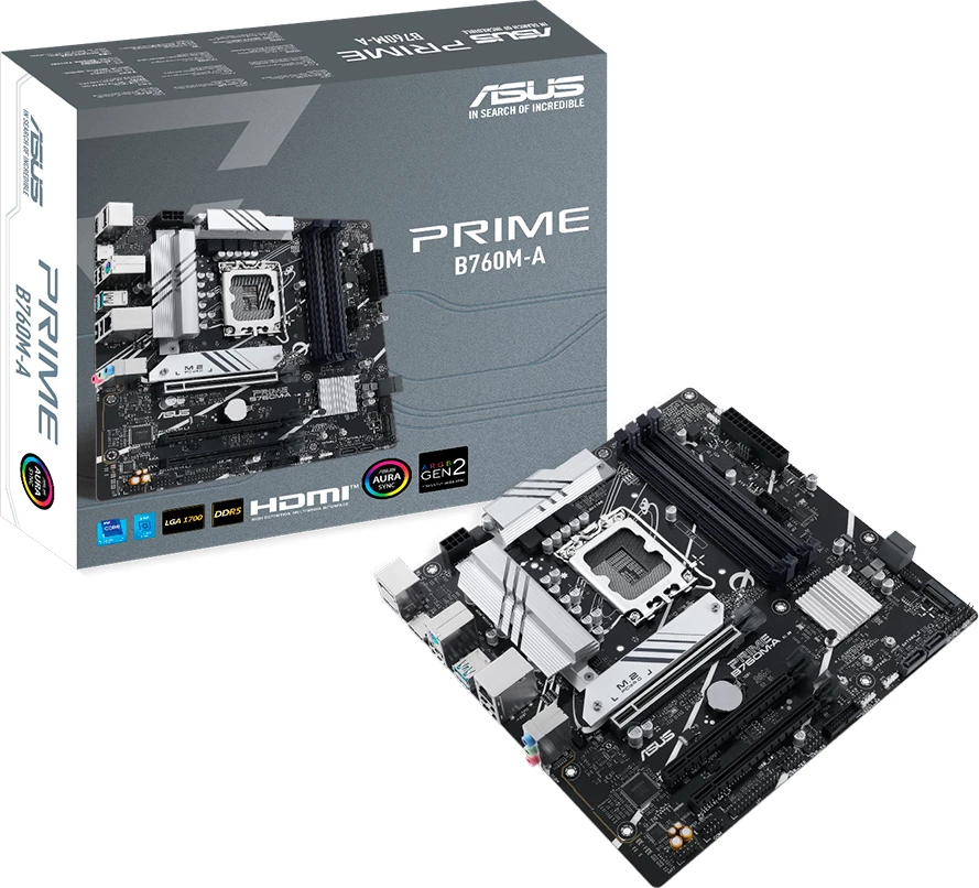 Pllakë amë ASUS PRIME B760M-A-CSM, LGA1700, mATX, DDR5 (4xDIMM), 2x M.2, 4x SATA, PCIe 4.0, 2.5Gb LAN, DisplayPort, 2x HDMI, Aura Sync